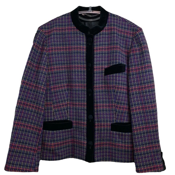 HMC Hucke Mode Collection Tweed Plaid Velvet Buttoned Jacket Purple Black US 8 - Picture 9 of 9